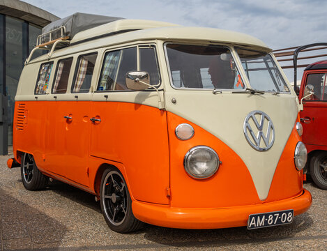 Katwijk aan Zee, The Netherlands, 11.04.2026, Vintage, Customized VW camper van in Orange at the old timer show