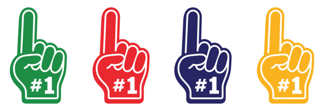Foam hand fan glove vector set showing sports cheering icons, raised number one finger, hashtag 1 support gesture, and colorful fan accessories, bold team spirit illustration