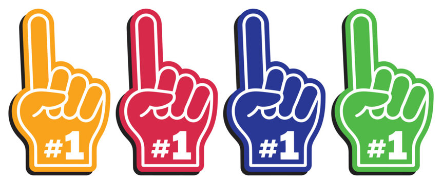 Foam hand fan glove vector illustration featuring number one finger gesture, hashtag 1 support sign, colorful sports cheering icons, and team spirit symbols