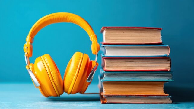 Vibrant Yellow Headphones Next to Stack of Colorful Books on Blue Background for Creative Learning Concept