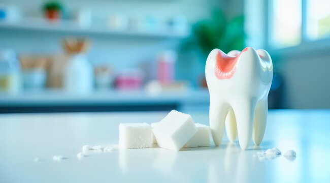 An inflamed tooth is on the table next to sugar. Concept of toothache caused by sugar.