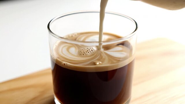 Cream pouring into glass of coffee creating swirling pattern wooden surface with soft natural light, cold brew beverage with creamy texture and rich dark color, close up view of refreshing drink