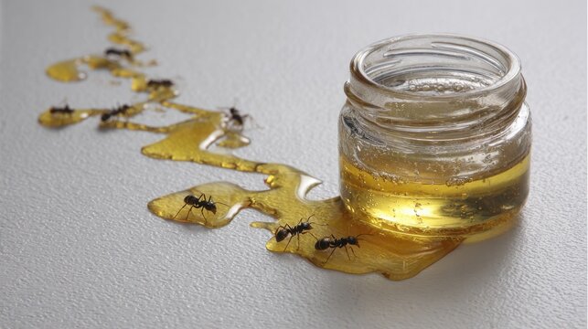Ants Gathering Around Spilled Honey in Glass Jar on White Surface Showcasing Nature's Interaction with Sweet Substance