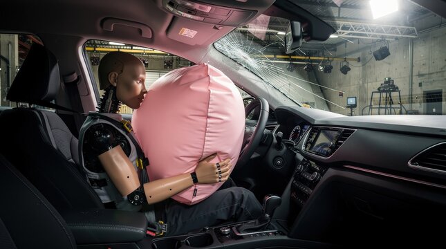 A crash test dummy is shown inside a car with a deployed airbag and a cracked windshield, simulating a car crash safety test.