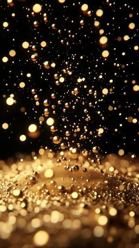A close up of gold glitter falling from the sky. The glitter is scattered all over the ground, creating a sparkling effect. Concept of magic and wonder, as if the glitter is falling from the heavens