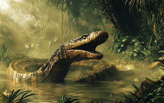 A Titanoboa snake rests coiled atop a moss-covered log, its golden-brown scales blending seamlessly with the dappled light and lush foliage of the verdant, primeval jungle