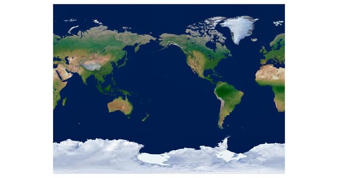 World Map. Miller cylindrical projection animation. High detail physical map of Earth. Reduced polar exaggeration for general-purpose use.