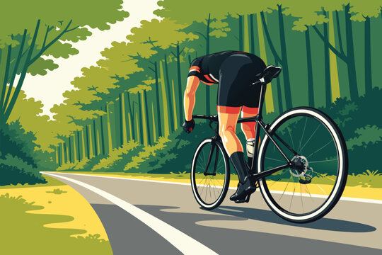 Professional cyclist riding a bicycle on a scenic asphalt road surrounded by green forest trees.