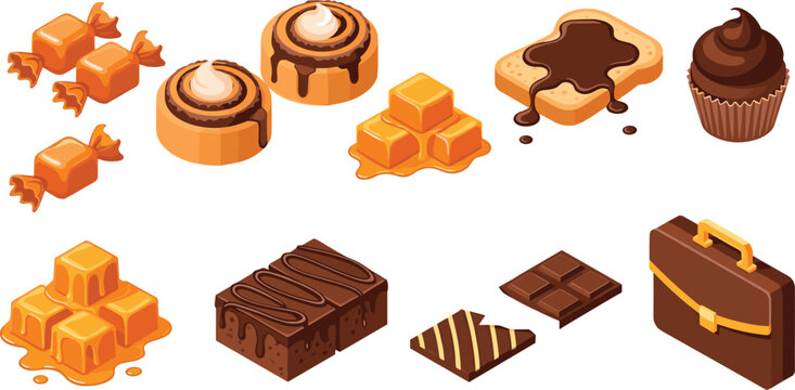 Sweet Confectionery Collection Featuring Caramels, Chocolates, Candies, and Cupcakes for Dessert Illustrations