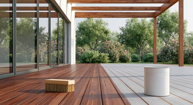Home improvement project deck staining and renovation outdoor living space upgrade with wood stain can and brush. High quality photo