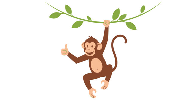 Playful brown monkey hanging by one arm from a green leafy vine and giving a cheerful thumbs up with the other.