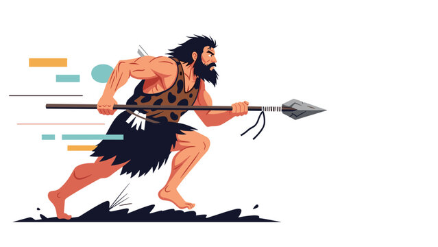 Prehistoric caveman dressed in animal fur running fast with a long wooden spear in his hands against a white background.