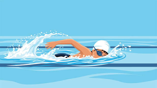 Professional swimmer wearing goggles and a swim cap performs a powerful freestyle stroke in a bright blue pool.