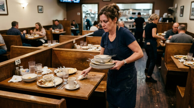 Waitress cleaning table in busy restaurant. Tired woman worker clearing dirty dishes from wooden booth. Hospitality service and food industry staff working in popular diner environment.
