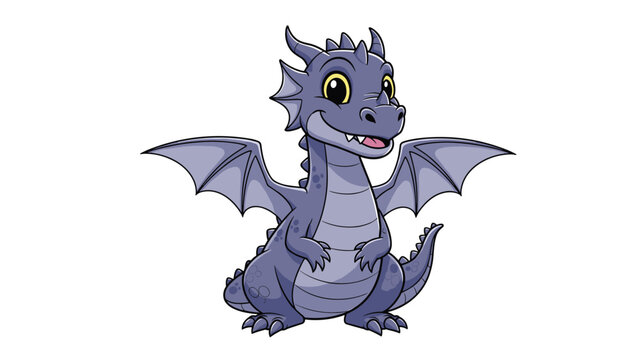 Adorable small purple dragon with tiny wings and a friendly expression standing peacefully on a plain white background for fantasy themes.