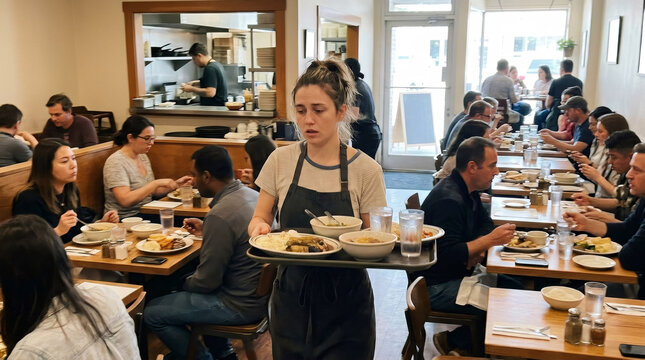 Waitress carrying tray with food in busy restaurant. Tired woman server working in cafeteria during lunch time. Hospitality industry and catering service with customers eating at table.