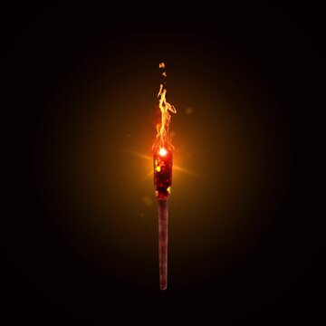Burning Medieval Wooden Torch with Realistic Flickering Flames Alpha Channel