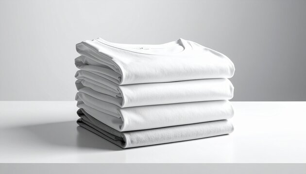 Stack of white and grey cotton t-shirts on white table
