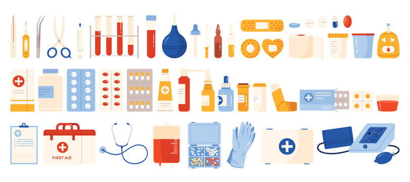 Comprehensive set of cartoon medical tools, first aid supplies, pills, bottles, thermometer, stethoscope, and healthcare equipment for hospital or pharmacy use, isolated on white background vector
