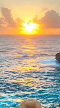 A woman is sitting on a rock overlooking the ocean. She is wearing a straw hat and a white dress. The sun is setting in the background, casting a warm glow over the scene