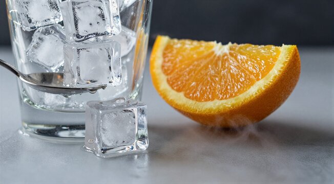Orange wedge beside ice cubes resting on marble surface