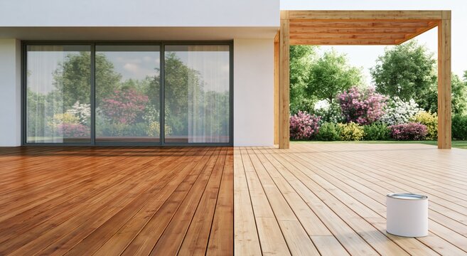 Home improvement project deck staining and renovation for outdoor living space before and after comparison of wood. High quality photo