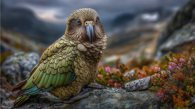 Endemic mountain bird with Kea parrot alpine bird Kea parrot New Zealand wildlife Kea parrot mountain nature background