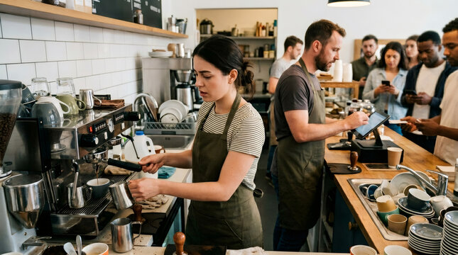 Barista woman making coffee with espresso machine in cafe. Man cashier taking order on tablet. Diverse customers waiting in line. Busy coffee shop service, small business team work.