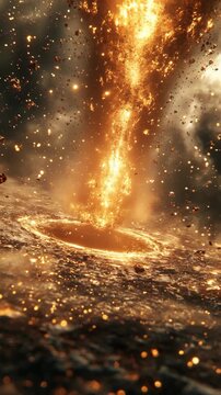 A fiery explosion in space with a large hole in the ground. The explosion is surrounded by a lot of debris and dust