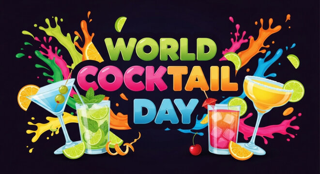 World Cocktail Day celebration with colorful splashes and assorted drinks perfect for party invitations bar promotions and festive event graphics