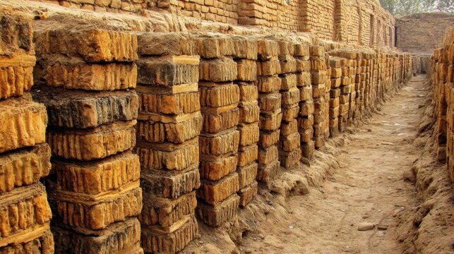 Ancient brick structure in a historical site showcasing traditional craftsmanship and intricate patterns under a clear sky