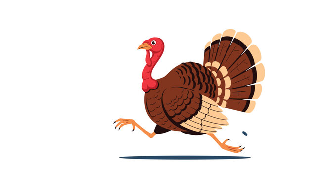 Large brown turkey with a red head and fanned tail feathers runs quickly across a plain white surface in a comic style.