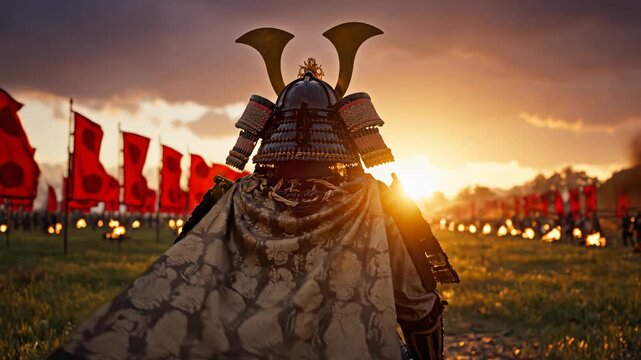 Samurai warrior in field at sunset symbolizing exploration and the great outdoors