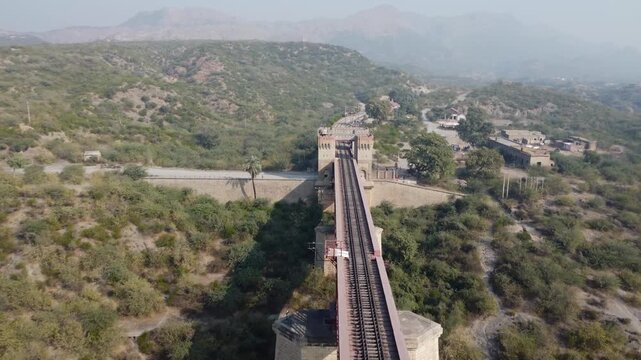 Attock Khurd rail bridge built in 1883 with fortified towers and iron truss as Indus River flows beneath