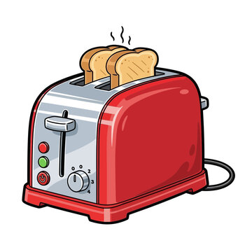 Vintage red toaster with steaming toast slices, isolated on white background