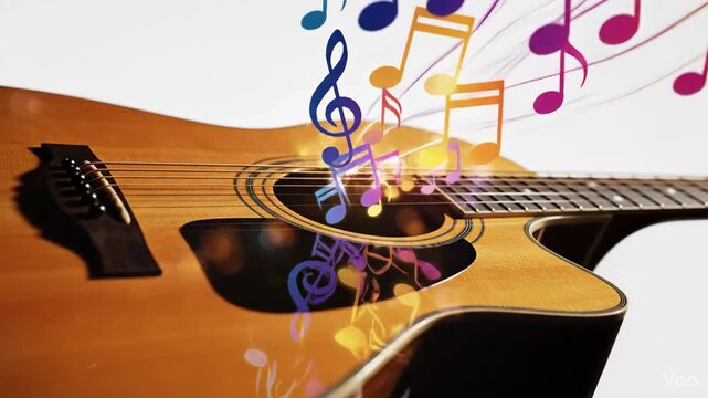 Close-up of an acoustic guitar with colorful musical notes floating around
