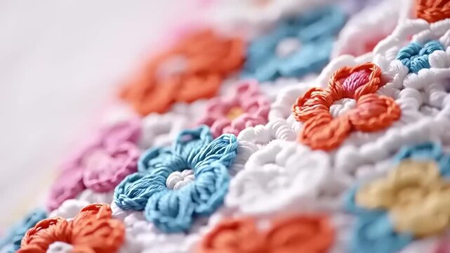 Crocheted floral pattern with vibrant colors creating a soft and cozy texture, perfect for crafts and home decor