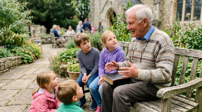 Elderly man telling story to girl and boy in garden. Grandfather talking to children while sitting on bench outdoors. Generational interaction and family weekend leisure activity concept.