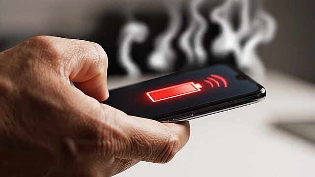 Close-up of a hand holding a smoking smartphone with a red glowing hot battery icon indicating an overheating device.