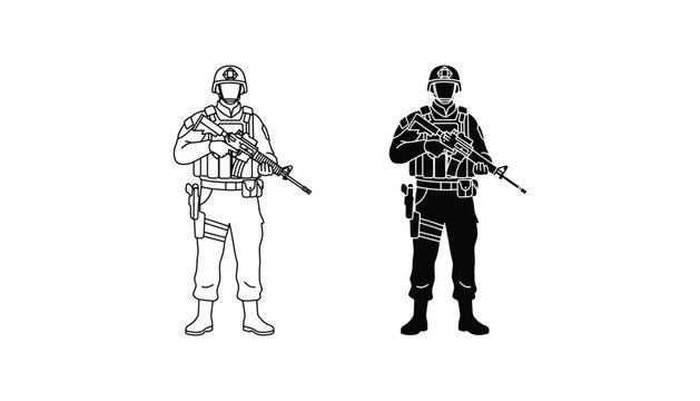 Armed tactical operator with rifle and holster icon set in outline and solid black silhouette styles for security and military graphic design projects