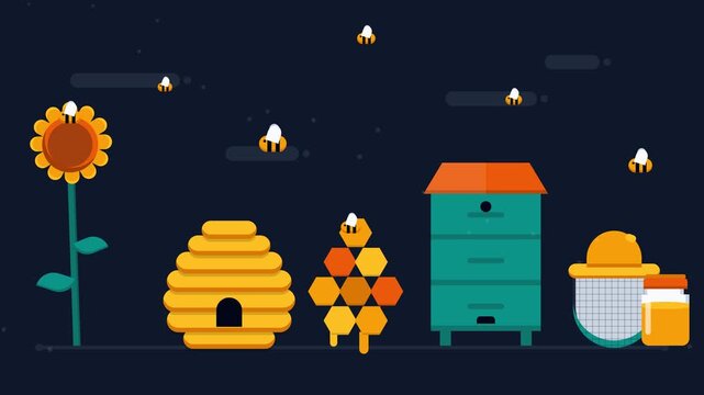 Flat Design Beekeeping Process Illustration Featuring Sunflower Beehive Honeycomb and Honey Jar