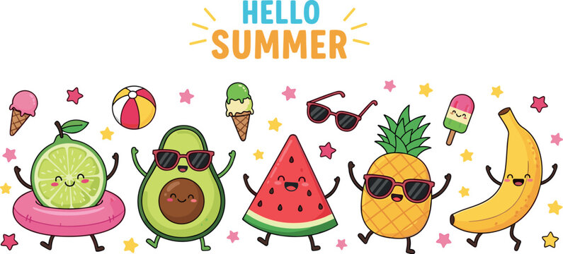 Hello summer cute fruit characters vector illustration with watermelon pineapple banana avocado and fun cartoon tropical elements design