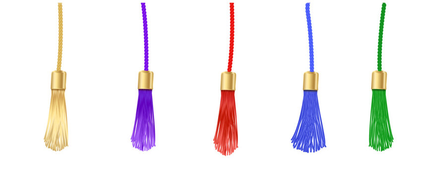 Decorative tassel with rope fringe and fabric threads. Elegant trim element perfect for curtains, bags, or pillows. Isolated vector tassel illustration on white background