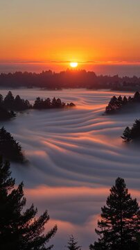 A beautiful mountain landscape with a river and trees. The sun is setting and the sky is orange. The mist is rising from the river and the trees. The scene is peaceful and serene