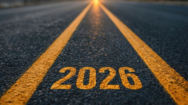 Future outlook and economic forecast yellow road markings on asphalt pavement business vision financial goals. High quality photo