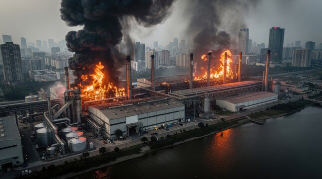 Massive fire engulfs an industrial factory with thick black smoke rising against a city skyline backdrop, reflecting in the river below.