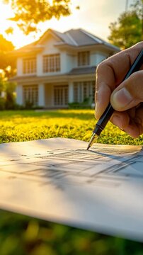 A person is writing on a piece of paper in a yard. The house in the background is white and has a lot of windows. The grass is green and the sun is shining brightly. Scene is peaceful and relaxing