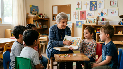 Elderly woman teacher reading a book to group of children in classroom. Kindergarten education and storytelling for group of kids. Developmental learning in religious preschool setting.