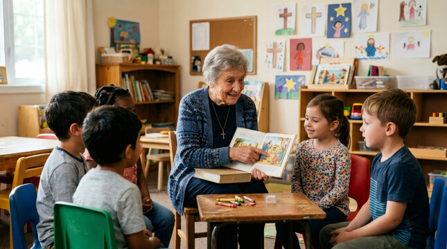 Elderly woman teacher reading a book to group of children in classroom. Kindergarten education and storytelling for group of kids. Developmental learning in religious preschool setting.