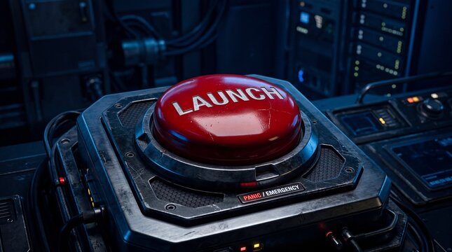 Close-up of a large red launch button with the word LAUNCH illuminated.